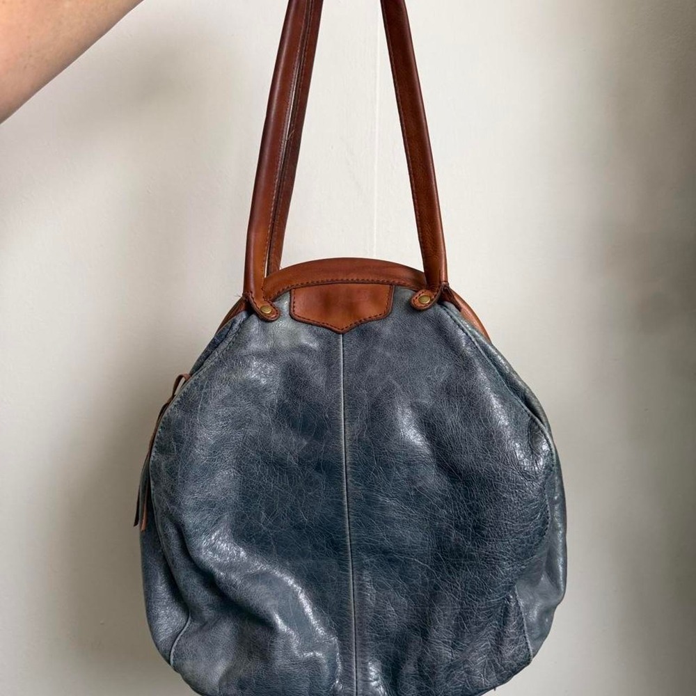 Blue Leather Bowling Bag Shoulder Bag Brown Leather Trim Polka Dot Liner Boho - Picture 5 of 8